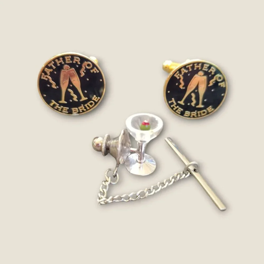 Father Of The Bride Cufflinks & Swank Martini Glass Tie Tack Set